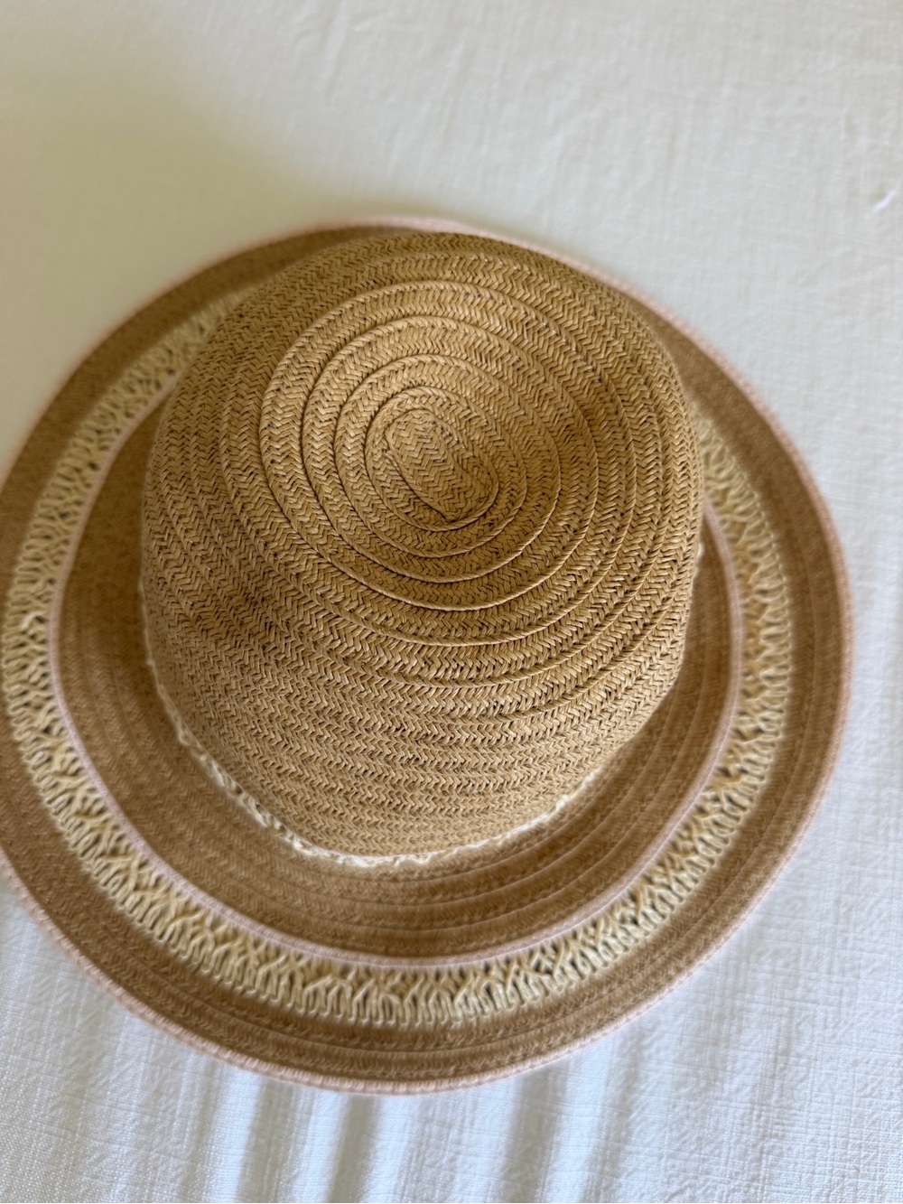Women's Tan Straw Sun Hat with Cream Trim and Subtle Pink Edge - Picture 2 of 8